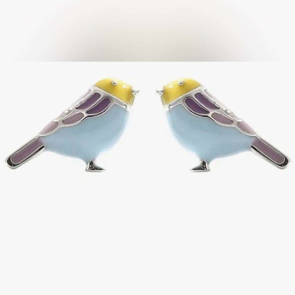 Parakeet Bird silver tone and enamel earrings pierced studs new!!